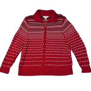 Women's CJ Banks Red White Black Zip Up Winter Christmas Holiday Sweater Size X
